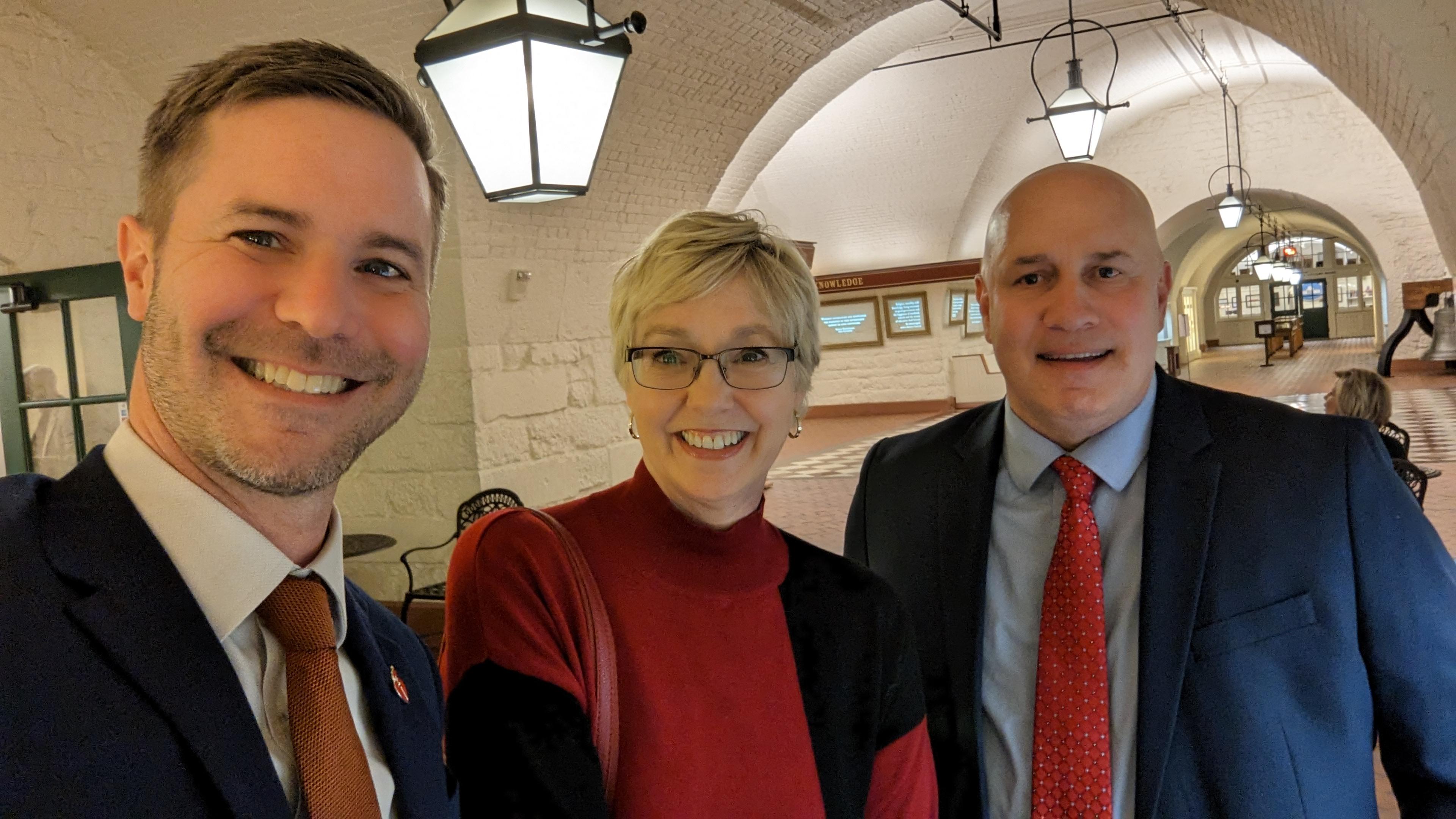 AHA volunteers, Gail Hogan and Tony Lindeman, with Dustin Holfinger, AHA government relations director, prior to a committee hearing on CPR training funding.