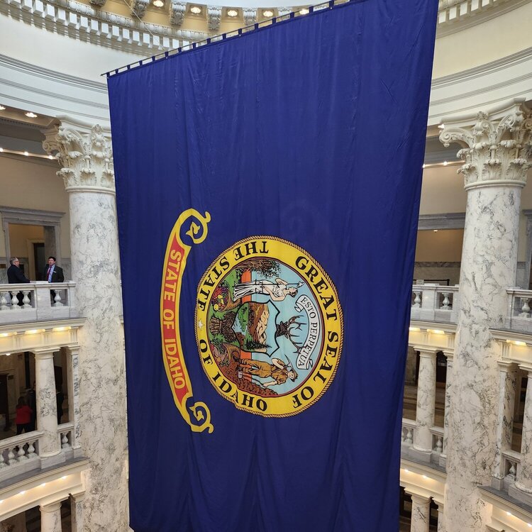 Large Idaho state flag hanging inside the Capitol. Flag is dark blue with state seal in the middle.